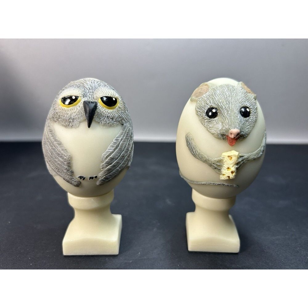 Hand‎ Painted  Egg Shaped Owl And Mouse Figurines Vtg EGGCENTRICS by Bristar
